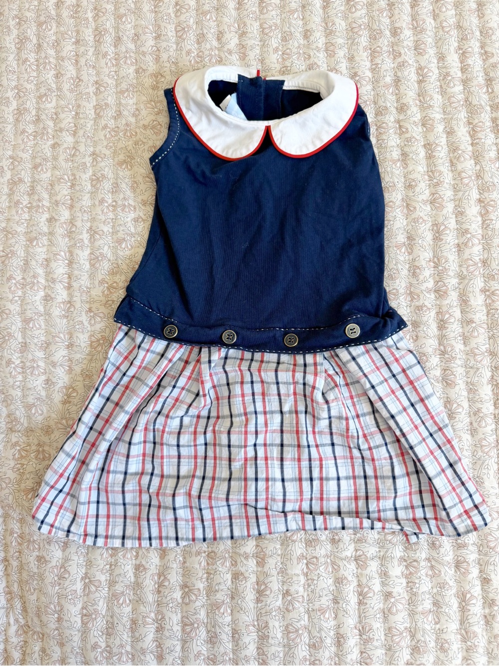 bella bliss Navy Blue and White Dress with Red Trim and Plaid Skirt